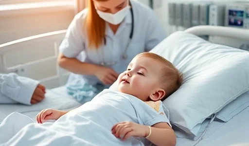 A two-year-old child lying in a hospital bed, being gently attended to by a doctor and a nurse, with medical equipment like a ventilator and monitors nearby, soft natural light from a window, calm and hopeful atmosphere, realistic medical setting, no text or symbols visible