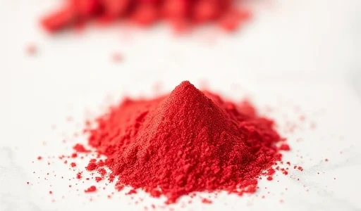 A close-up macro photograph of a small pile of bright red powdered food additive E103 (Alkanet) on a clean white ceramic surface, with soft natural lighting highlighting the fine texture and vivid color, no labels, no text, no packaging, no additional objects