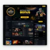 A modern online betting platform interface with a prominent 'No Deposit Bonus' badge, sleek dark theme with gold accents, user-friendly dashboard showing sports betting options, casino games, and live events, subtle animated elements suggesting rewards, professional and trustworthy aesthetic