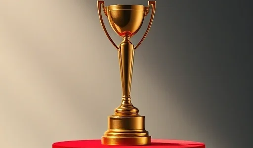 A golden jury award trophy on a velvet red pedestal, soft studio lighting, elegant and minimalist composition, subtle reflections, high detail, cinematic atmosphere