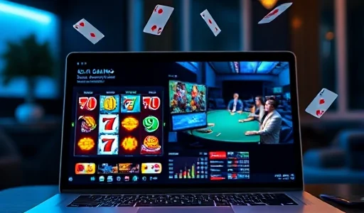 A modern, elegant online casino interface on a sleek laptop screen, showing vibrant slot machine reels with colorful symbols, a live dealer card game in progress, and subtle glowing UI elements like chips and cards floating softly in the air around the screen, set in a luxurious dark-themed room with ambient blue and gold lighting, no text or numbers visible