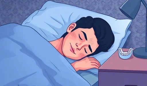A calm, realistic illustration of a person sleeping peacefully with a subtle visual representation of teeth grinding (like faint stress lines or tension around the jaw), set in a softly lit bedroom at night. Include a small, discreet dental night guard on the nightstand nearby. No text, symbols, or medical diagrams. Style: smallHQ.