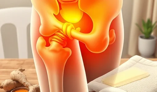 A close-up of a human hip joint showing cartilage wear and bone spurs, with subtle natural remedies like ginger root, turmeric powder, and a warm compress nearby on a wooden table, soft daylight, medical illustration style, no text, no labels, no symbols