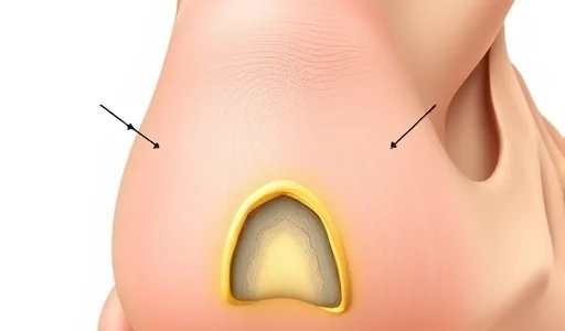 A close-up medical illustration of a heel spur (plantar calcaneal spur) showing a bony protrusion on the underside of the calcaneus (heel bone), with surrounding soft tissue inflammation and plantar fascia attachment, rendered in a clean, high-detail smallHQ style suitable for educational use