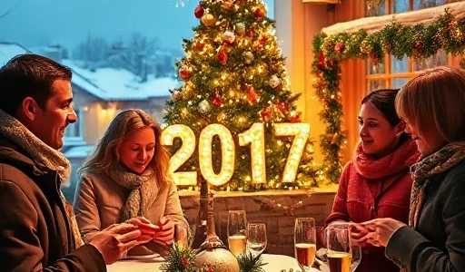 A festive New Year 2017 celebration scene with a decorated Christmas tree, sparkling lights, traditional Russian winter elements like snow-covered rooftops and frosty windows, people in warm winter clothing exchanging gifts, a table with Olivier salad, champagne, and mandarins, soft glowing ambiance, no text or numbers visible