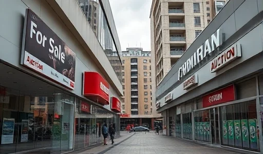 A modern shopping mall exterior with visible signs of financial distress, such as 'For Sale' or 'Auction' banners, empty storefronts with covered windows, and a quiet, subdued atmosphere; subtle hints of Ukrainian architecture in the background, overcast sky, no people visible, realistic urban decay aesthetic
