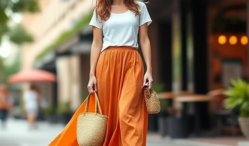 A stylish woman wearing a sun skirt (юбка-солнце) in a casual urban setting, standing on a city sidewalk with soft natural light, the skirt is flowing and vibrant in color — perhaps coral or mustard yellow — paired with a simple white tucked-in t-shirt and minimalist leather sandals, her hair loosely styled, sunglasses on, holding a woven tote bag, background shows blurred café facades and greenery, no text or logos visible