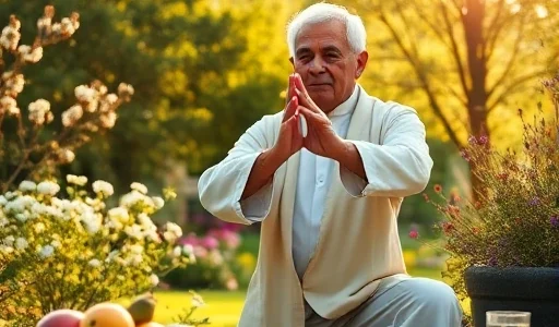 A serene elderly person practicing tai chi in a sunlit garden with blooming flowers and green trees, wearing comfortable natural-fiber clothing, surrounded by symbols of health: a bowl of fresh fruits, a glass of water, and an open book on mindfulness, soft golden hour lighting, peaceful and harmonious atmosphere