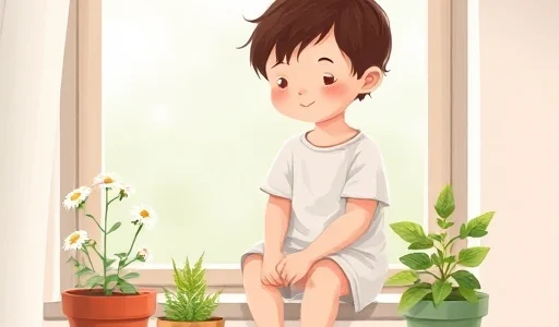 A gentle, warm illustration of a child sitting on a windowsill with potted medicinal herbs like chamomile, echinacea, and mint nearby, soft natural light, pastel colors, cozy home environment, no text or labels, peaceful and nurturing atmosphere