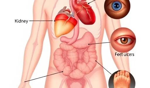 A detailed medical illustration showing a human body with highlighted areas affected by diabetes complications: heart, kidneys, eyes (retina), feet (ulcers), and nerves, using soft anatomical tones and clear visual indicators like glowing or shaded zones to represent damage, no text or labels, in a clean, educational style