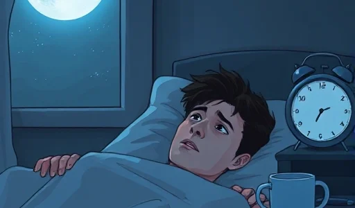 A person lying awake in bed at night, staring at the ceiling with tired eyes, soft moonlight filtering through a window, a clock showing 3:17 AM, empty coffee cup on nightstand, subtle shadows under eyes, quiet and lonely atmosphere, realistic style with muted blues and grays