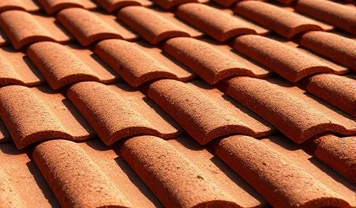 A close-up of natural clay roof tiles with earthy reddish-brown tones, textured surface showing subtle imperfections and natural variation, arranged in overlapping rows on a sloped roof under soft daylight, no people, no text, no logos, no modern materials
