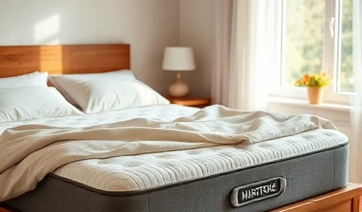 A cozy bedroom scene featuring a high-quality, comfortable mattress with soft, inviting bedding, natural light from a nearby window, and a warm, relaxing atmosphere