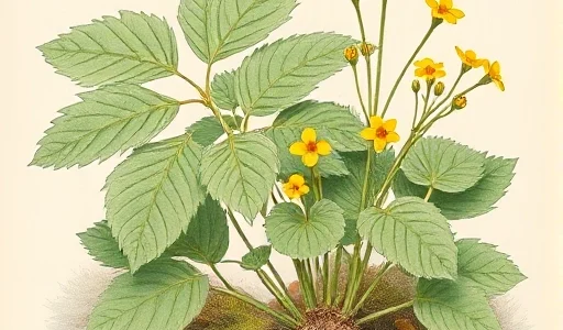 A detailed botanical illustration of Geum urbanum (medicinal avens), showing the plant in its natural habitat: a cluster of pinnate leaves with serrated edges, small yellow five-petaled flowers on slender stems, and visible rhizomes with fibrous roots. Include subtle background elements of a temperate forest floor with moss and fallen leaves. No text, labels, or digits present.