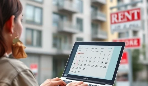 A person looking at a rental listing on a laptop, with a calendar showing available dates and a key in hand, standing near a modern apartment building with a 'For Rent' sign, soft daylight, realistic style