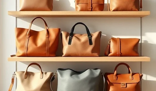 A stylish collection of modern handbags displayed on a minimalist wooden shelf, featuring various designs such as tote bags, crossbody bags, and clutches in neutral and earth tones, soft natural lighting, high detail, realistic textures