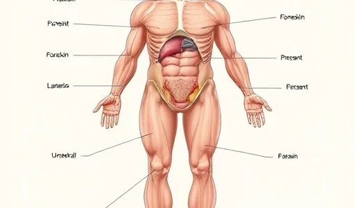 A detailed anatomical illustration of a large human penis in a medical educational context, showing external structure with labeled parts such as shaft, glans, foreskin (if present), and urethral opening, rendered in a clean, professional style suitable for an instruction manual, with soft lighting and neutral background