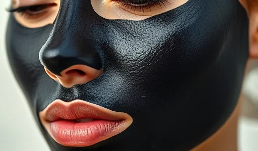 A close-up of a black facial mask applied to smooth skin, showing texture and coverage, with soft lighting and a clean background