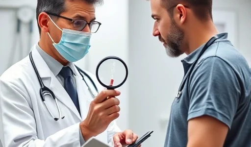 A sanitary doctor in a white coat examining a patient with a magnifying glass, surrounded by medical symbols like a stethoscope and clipboard, in a clean clinical setting with soft lighting