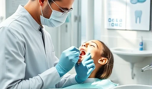 A clean, modern dental clinic interior with a dentist examining a patient's teeth using a small mirror and probe, dental tools neatly arranged on a tray, soft natural lighting, a poster about oral hygiene on the wall, a sink with toothbrush and toothpaste nearby, all in a calm, professional, and hygienic environment