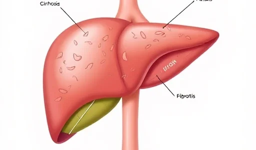 A detailed medical illustration showing a human liver with visible signs of common liver diseases such as fatty liver, cirrhosis, hepatitis, and fibrosis, displayed in a clean, educational format with labeled anatomical structures and subtle color-coded indicators for each condition, set against a neutral background suitable for medical textbooks