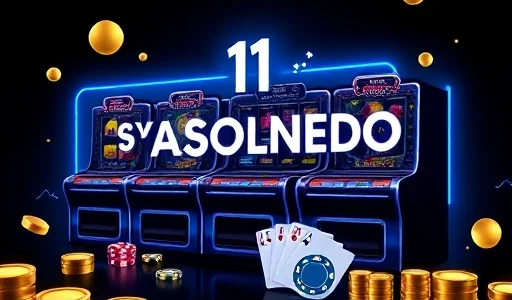 A modern online casino interface with sleek design, featuring slot machines, playing cards, and digital chips on a dark background with neon blue and gold accents, representing the concept of '1ГО Казино' in a minimalist, high-quality visual style