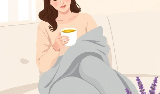 A calm, soft-focus illustration of a woman sitting on a couch with a warm blanket, holding a cup of herbal tea, surrounded by subtle symbols of relief: a heating pad on her lower abdomen, a small notebook with mood tracking notes, and a blooming lavender plant nearby. The lighting is gentle and natural, suggesting late afternoon, with muted pastel tones to convey comfort and emotional balance. No text, no labels, no medical diagrams, no pills or syringes visible.