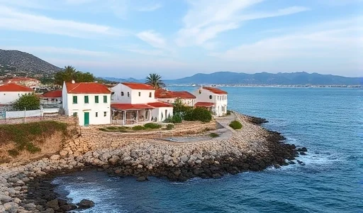 A serene coastal village of Foros in Crimea, featuring traditional white-washed houses with red-tiled roofs nestled along a rocky shoreline, gentle waves of the Black Sea lapping at the shore, distant mountains under a soft blue sky with wispy clouds, no people, no text, no signs, no modern vehicles, peaceful and natural atmosphere