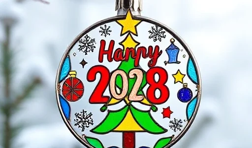 A movable stained glass ornament for New Year's celebration, featuring festive motifs such as snowflakes, stars, and a stylized New Year's tree, with vibrant colors and a glossy finish, set against a subtle winter backdrop.