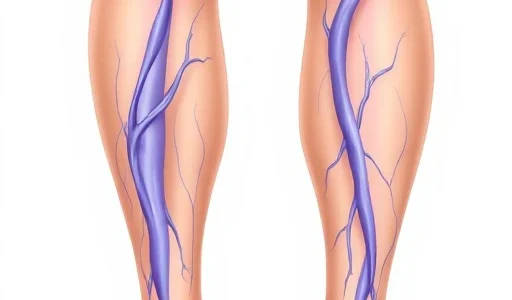 A medical illustration showing human legs with visible varicose veins — swollen, twisted, blue-purple veins beneath the skin, primarily on the calves and inner thighs, with normal skin tone and subtle shading to emphasize vein prominence, no text, no labels, no clothing, no background distractions