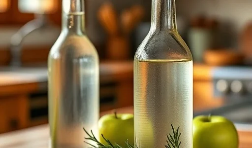 A close-up of a clear glass bottle of white vinegar on a wooden kitchen counter, with a few fresh green apples and a sprig of rosemary beside it, soft natural morning light from a nearby window, shallow depth of field, warm and inviting atmosphere, no text or labels visible