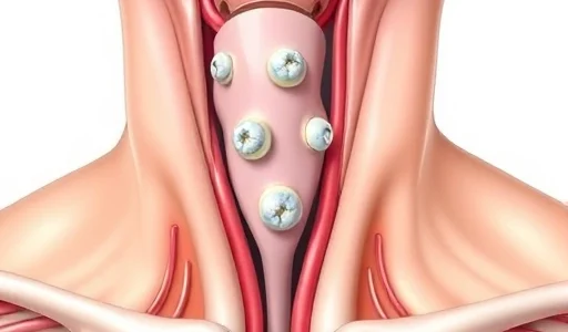 A detailed anatomical illustration of the parathyroid glands, showing their location on the posterior surface of the thyroid gland in the human neck, with four small oval-shaped glands (two superior and two inferior) clearly visible, surrounded by thyroid tissue, blood vessels, and nerves, rendered in a clean, educational medical style with soft natural lighting and accurate proportions