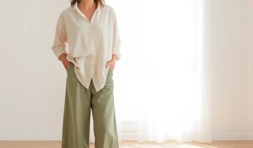 A comfortable women's outfit featuring a soft, relaxed-fit linen blouse in beige, paired with wide-leg cotton trousers in sage green, barefoot on a light wooden floor near a sunlit window with sheer curtains, natural daylight, minimalist interior, no accessories, no text, no logos