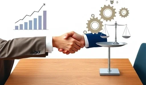 A balanced visual metaphor showing two business partners shaking hands over a wooden table, with one side of the image depicting advantages like growing charts, shared lightbulb ideas, and interconnected gears symbolizing synergy, while the other side shows subtle disadvantages such as diverging paths, faint shadows of conflict, and uneven scales, all rendered in a clean, professional smallHQ style with soft lighting and muted corporate colors