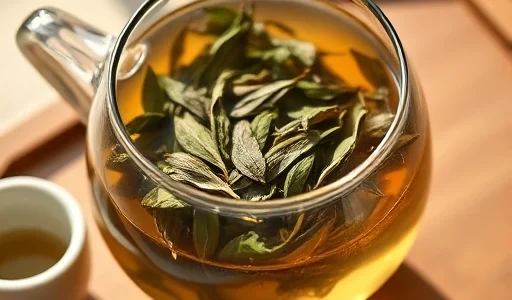 A high-quality loose-leaf tea in a clear glass teapot, showing whole tea leaves unfurling in hot water, soft natural lighting, minimalistic ceramic cup beside it, steam rising gently, wooden tray background, focus on texture and purity of the tea leaves