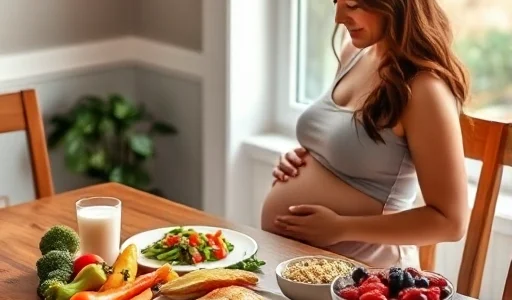 A pregnant woman sitting at a wooden table with a balanced meal: colorful vegetables (broccoli, carrots, bell peppers), grilled salmon, quinoa, a glass of milk, and a bowl of fresh berries; soft natural light from a window, warm and calm atmosphere, realistic style, no text or labels