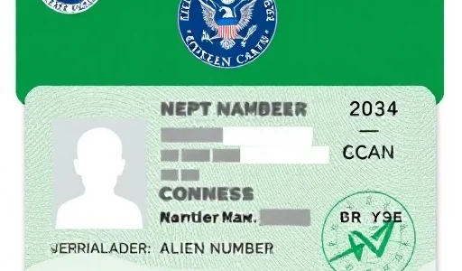 A modern, clean illustration of a U.S. Green Card from 2020, showing the front side with the official design: a predominantly green background, the U.S. Department of Homeland Security seal, the cardholder's photo placeholder, name, alien number, card number, expiration date, and signature strip. Include subtle security features like microprinting and holographic elements. No text or letters should be visible on the card — only the visual layout and design elements. The image should be high-qual