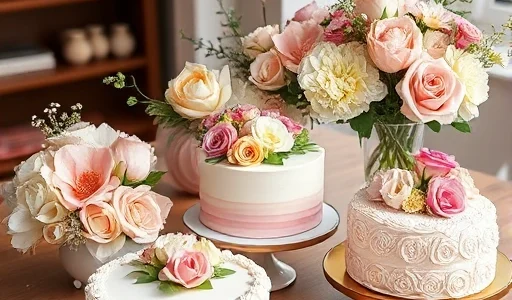 A beautifully arranged display of custom-made flowers and cakes, featuring elegant floral bouquets and intricately decorated cakes with delicate piping, fresh flowers as edible decorations, and soft pastel color schemes, presented on a clean wooden table with natural lighting, high detail, realistic textures