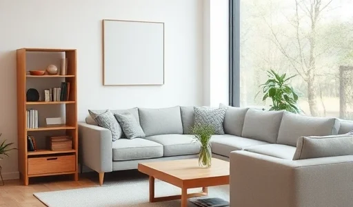 A cozy modern living room interior with soft natural light, a light gray sofa, wooden coffee table, minimalist bookshelf with a few books and a small plant, light oak flooring, neutral-toned rug, and a large window showing a blurred view of trees outside