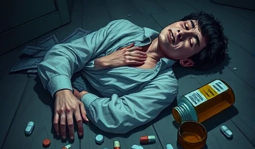 A person suddenly poisoned, lying on the floor with pale skin, hand clutching throat, surrounded by scattered pills and an overturned bottle, dim indoor lighting, realistic medical illustration style, no text or labels