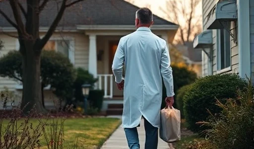 A doctor in a white coat carrying a medical bag, walking toward a residential house in a quiet neighborhood, soft daylight, realistic style, warm colors, focus on the doctor and the house entrance