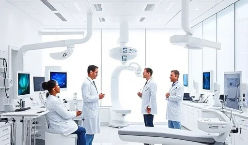 A modern urology clinic interior with advanced medical equipment, doctors in white coats consulting patients, sleek diagnostic machines, clean bright environment, professional healthcare setting