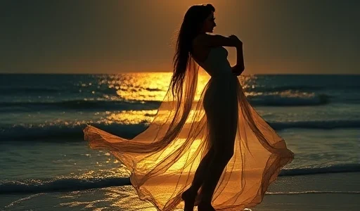 A romantic and sensual scene of two lovers embracing on a moonlit beach at night, waves gently lapping at their feet, soft golden light from the moon reflecting on the water, their silhouettes intertwined with flowing fabrics, no clothing details visible, focus on emotion and atmosphere, ethereal and dreamy mood