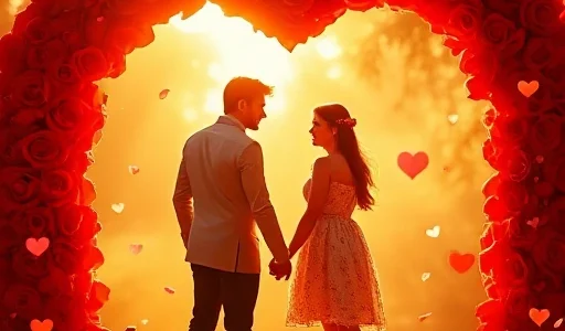 A romantic scene depicting Valentine's Day on February 14th: a couple holding hands under a heart-shaped arch made of glowing red roses, soft golden sunlight filtering through, delicate heart-shaped confetti floating in the air, warm and magical atmosphere, no text or letters visible