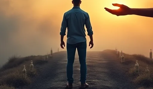 A symbolic representation of alcoholism treatment: a person standing at a crossroads, one path leading into a dark, foggy haze with empty bottles, the other toward a clear sunrise with a supportive hand reaching out, subtle medical symbols like a caduceus woven into the background, soft natural lighting, emotional and hopeful tone, no text or labels