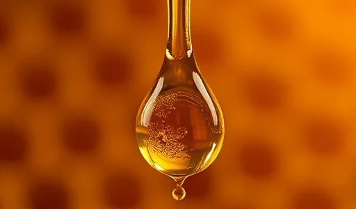 A close-up of a single drop of golden honey suspended in mid-air, reflecting soft warm light, with a blurred background of a wooden honeycomb texture, ultra-detailed, high resolution, smallHQ style