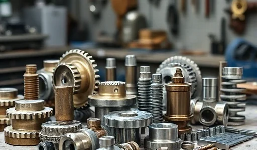 A collection of metal products including gears, bolts, metal sheets, and tools arranged neatly on a workbench, with soft industrial lighting and a clean, detailed aesthetic