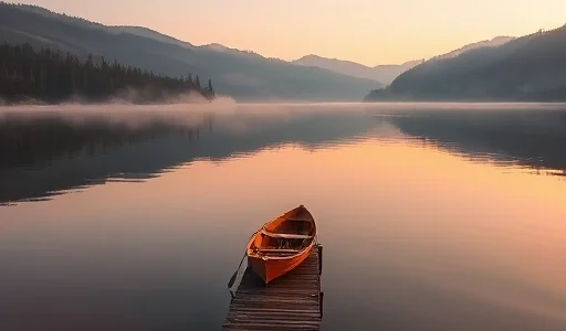 A serene lakeside scene at 'Red Lake' (Красное озеро) with calm, slightly reddish-tinted water reflecting soft morning light, surrounded by gentle forested hills and a small wooden dock with a lone rowboat, mist rising gently from the surface, no people visible, natural and peaceful atmosphere