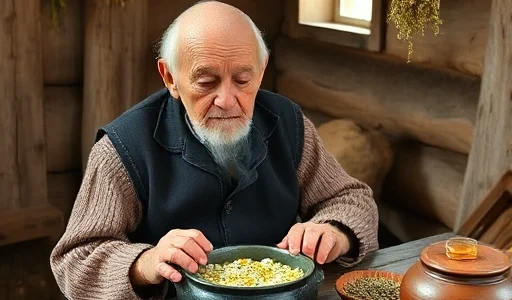 An elderly person in traditional Slavic clothing sitting by a wooden table in a rustic cottage, gently inhaling steam from a bowl of herbal infusion with chamomile and linden flowers, surrounded by dried herbs hanging from the ceiling, a clay pot with honey nearby, soft morning light through a small window, warm and cozy atmosphere, no modern objects