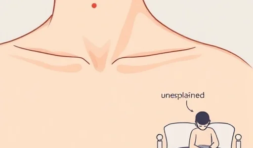A simple, clean medical illustration showing subtle early signs of cancer: a close-up of a human body with faint, abstract visual indicators such as a small irregular mole on skin, a slight lump under the skin on the neck, unexplained weight loss shown as a fading silhouette, and persistent fatigue represented by a person sitting weakly on a bed — all rendered in soft, muted tones with no text, labels, or numbers